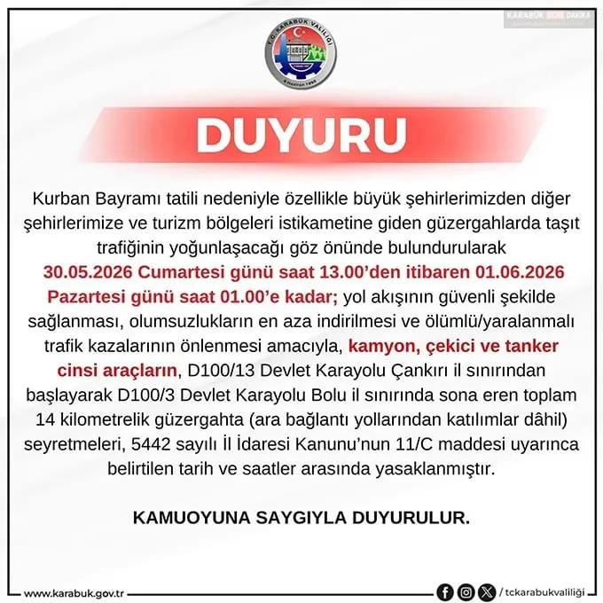 KARABÜK’TE BAYRAM TRAFİĞİ ALARMI: AĞIR TONAJLI ARAÇLARA GEÇİŞ YASAĞI